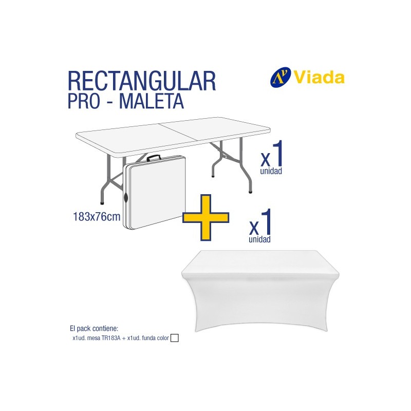 Pack mesa rect. maleta + funda blanca 183A