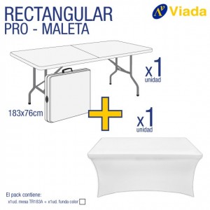 Pack mesa rect. maleta + funda blanca 183A